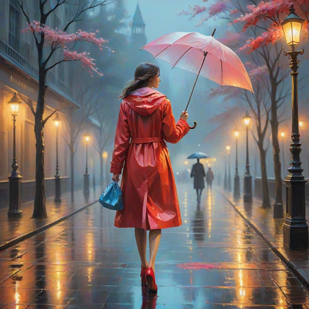 Elegant Woman Strolls Down a Rainy Street in a Vibrant Impre...