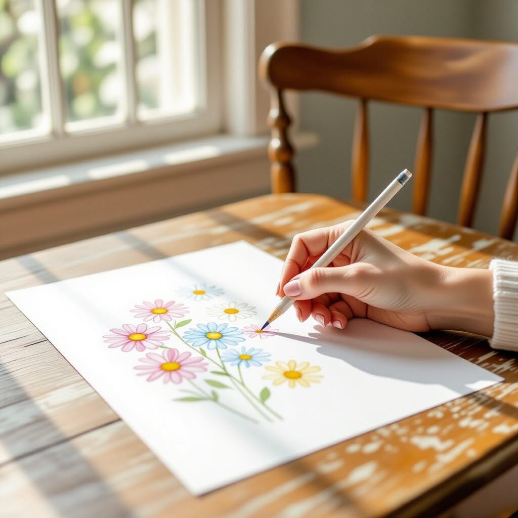 Pencil Drawing Tiny Daisies on White Paper