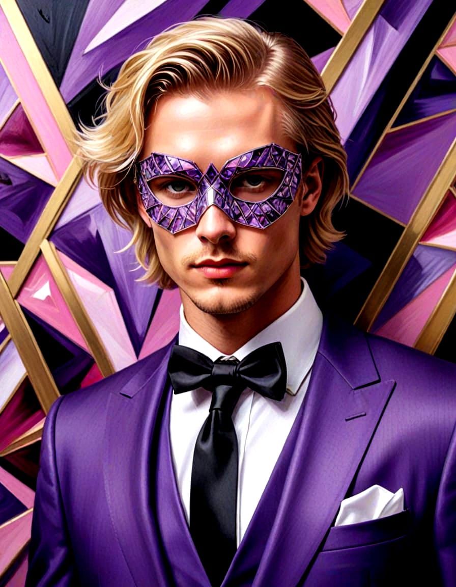 Elegant Masquerade Ball in Neo-Cubist Style