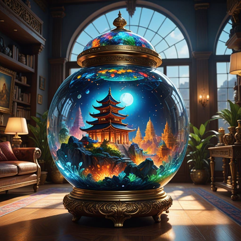 Ancient Civilization in Glass Container: Vivid Digital Art