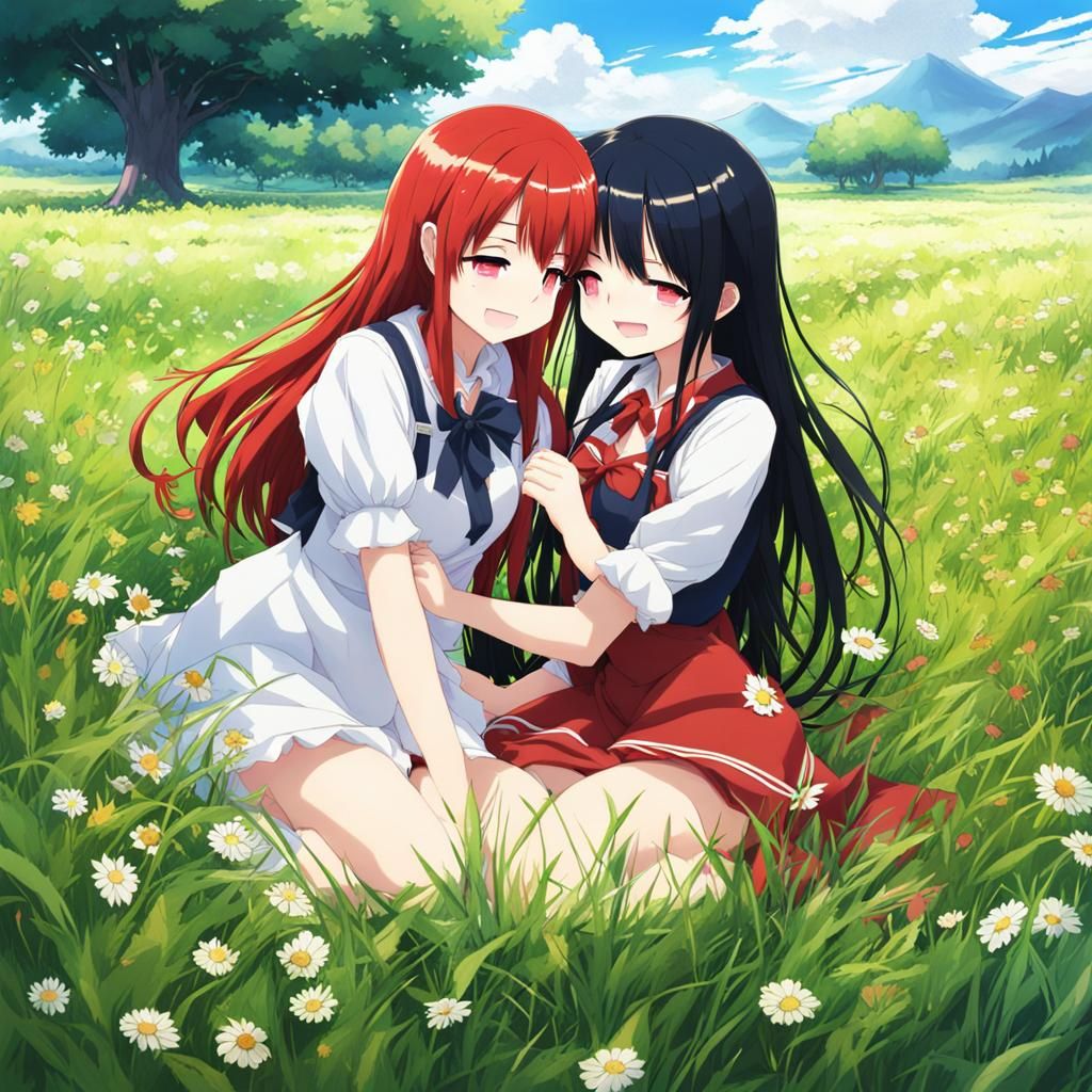 Anime Girls Hugging in Grassy Field