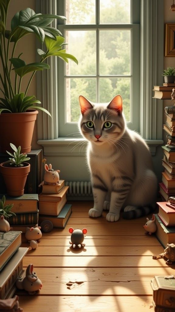 Cat and Mouse in Cozy Room, Illustration Style