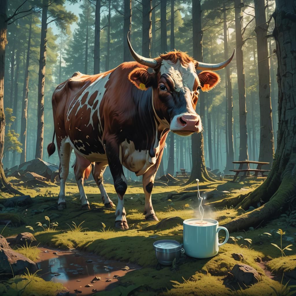 Cow's Whimsical Breakfast in Dreamlike Forest