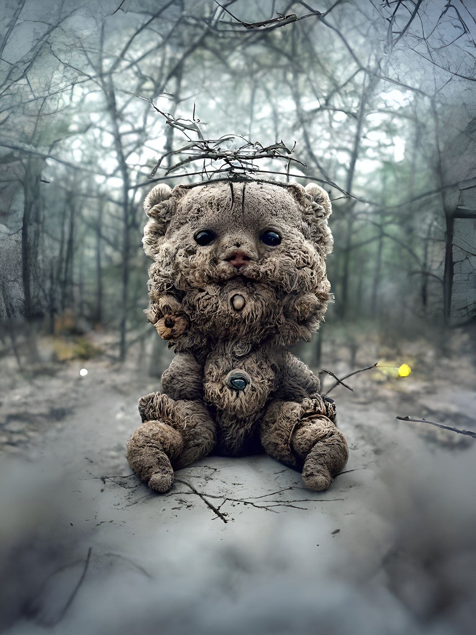 Cute Creepy Teddy Bear in Twisted Forest