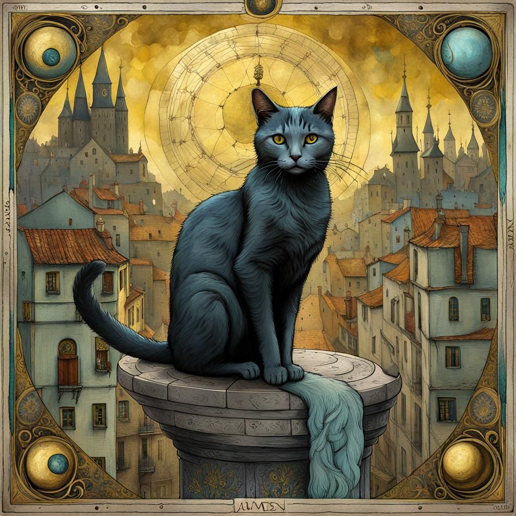 Mysterious Cat Tarot Card in Surrealist Style