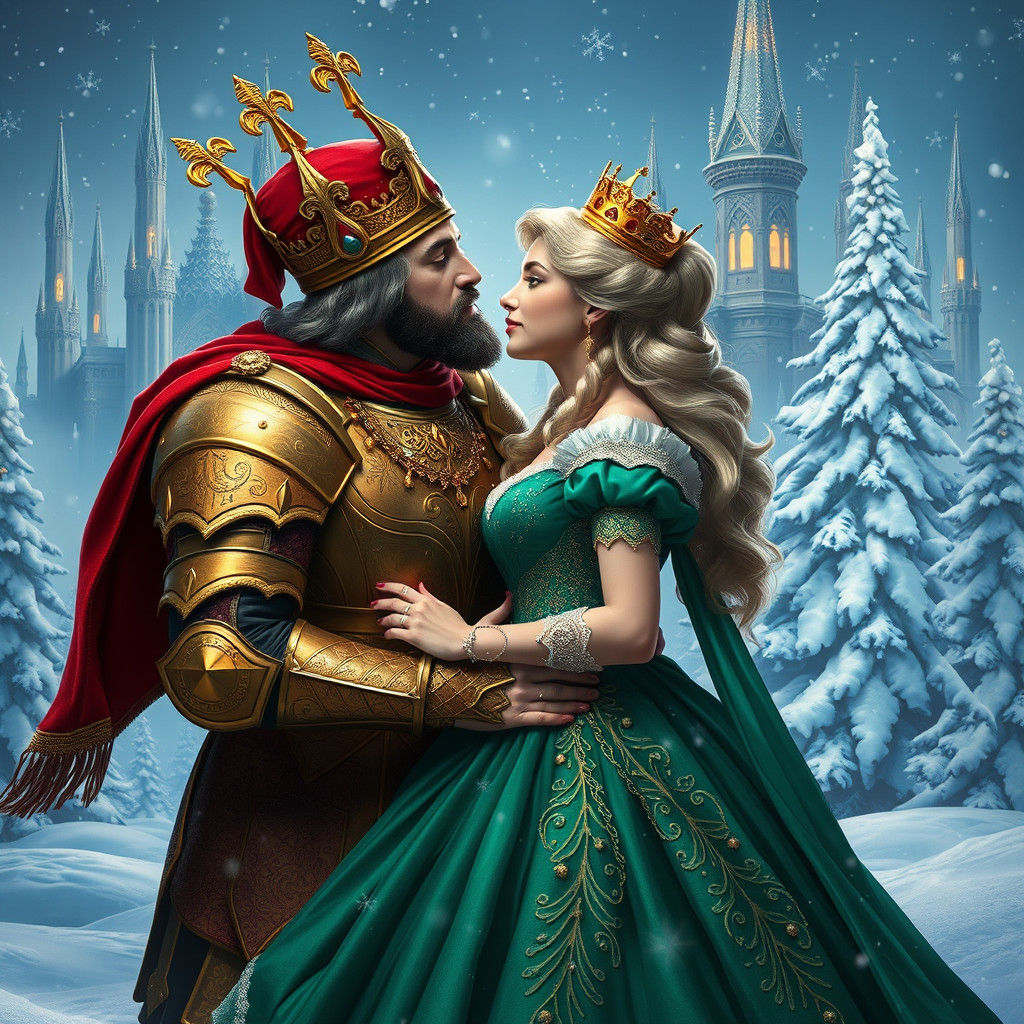 Regal Christmas King Kisses Princess in Winter Wonderland