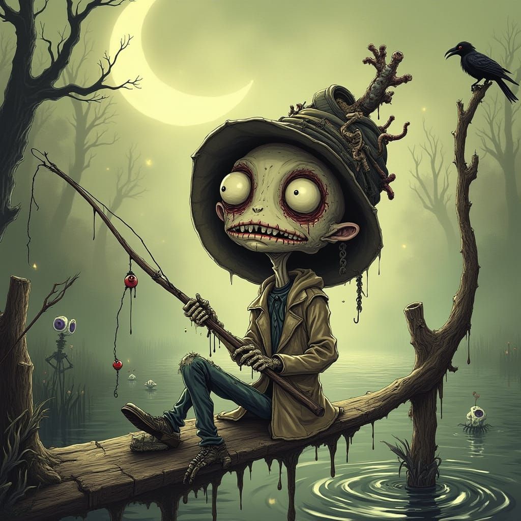 Zombie's Surreal Catch in Tim Burton's Dark Style