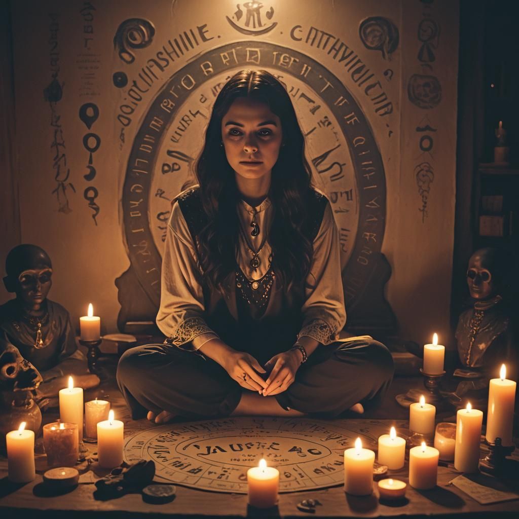 Mystical Séance with Whispering Spirits in Dim Light