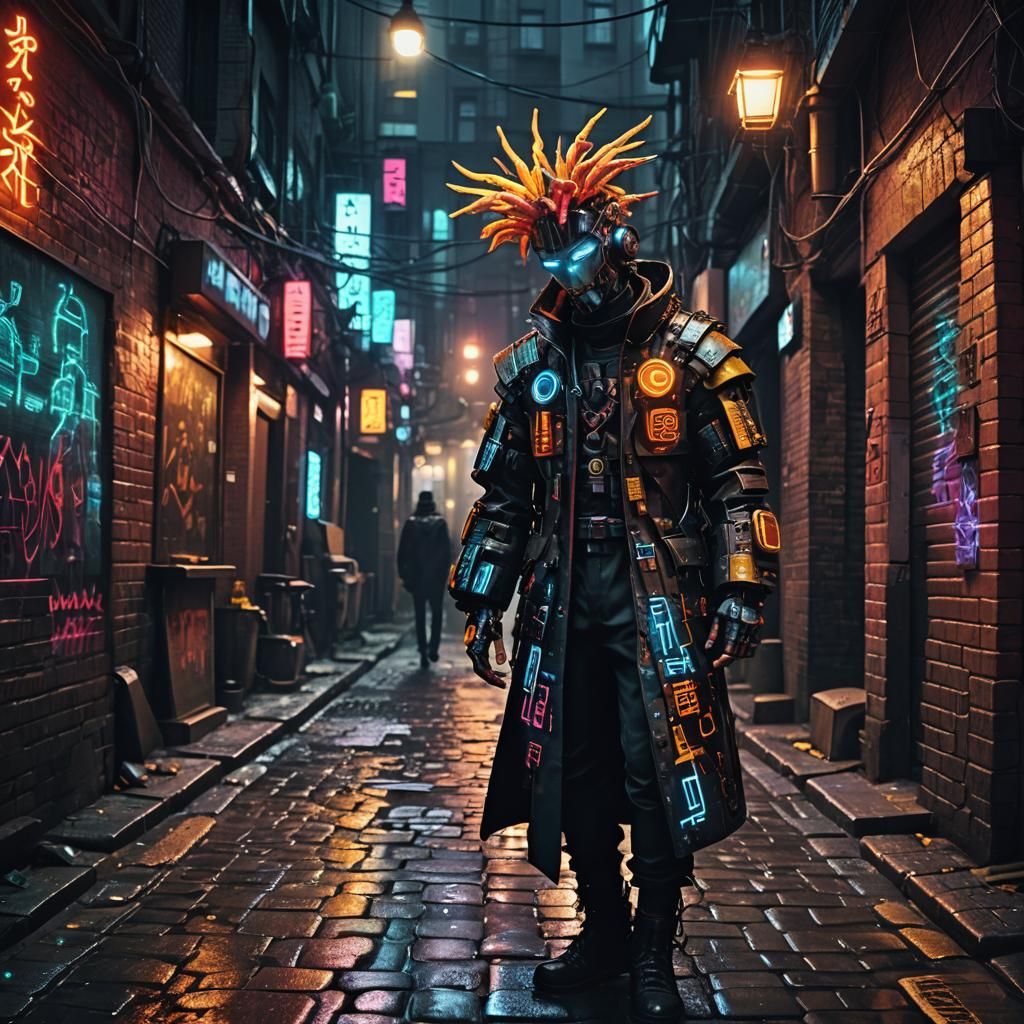 Cyborg in Dim Alleyway: Retro-Futuristic Neon Art