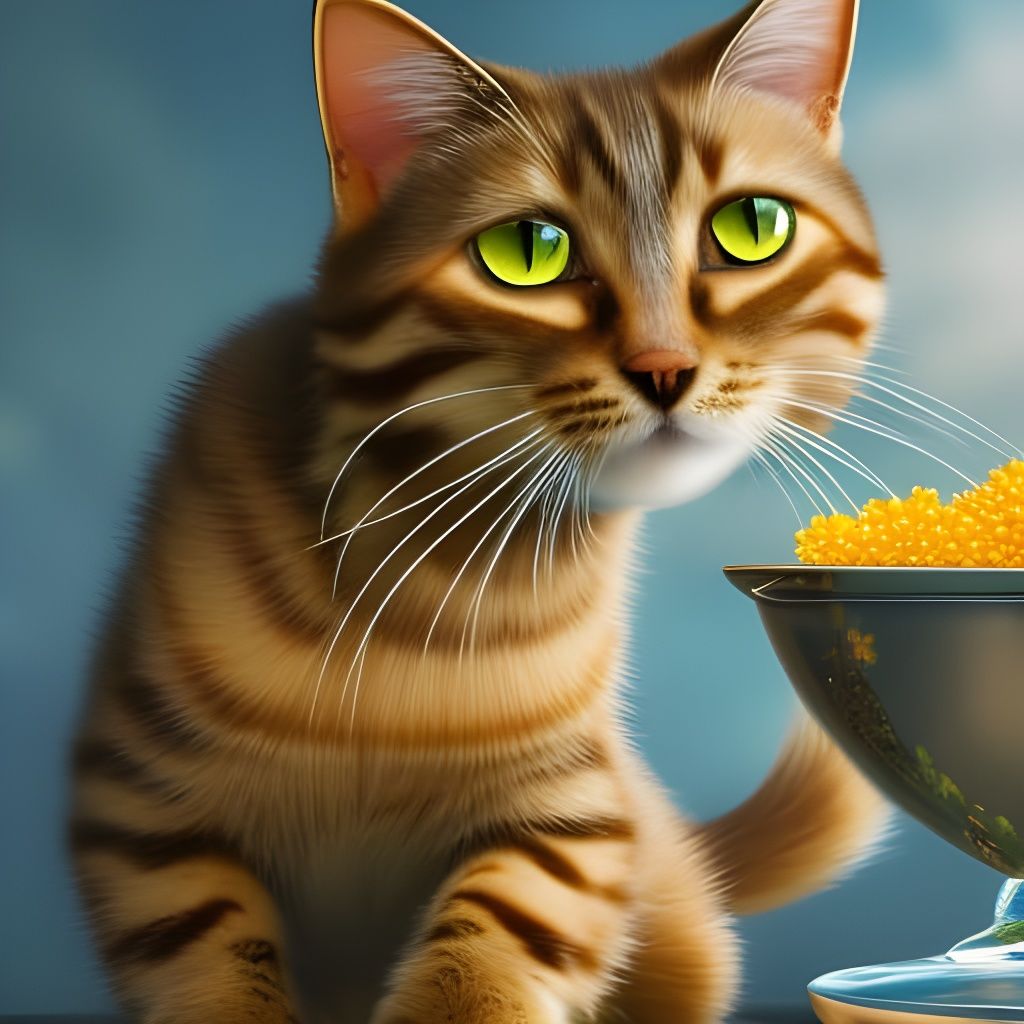 Adorable Cat in Crystal Bowl, Detailed 3D Render