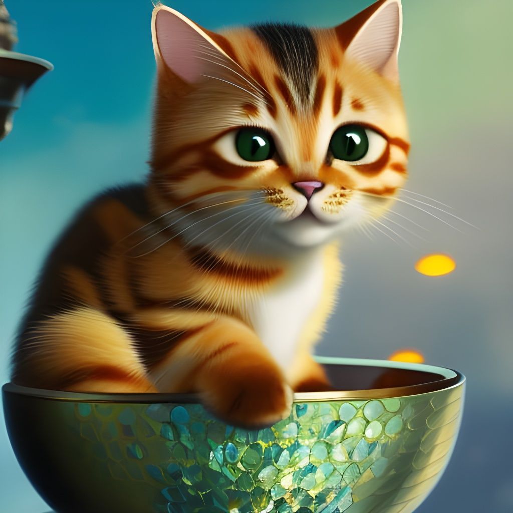 Adorable Kitten Inside Matcha Tea Cup