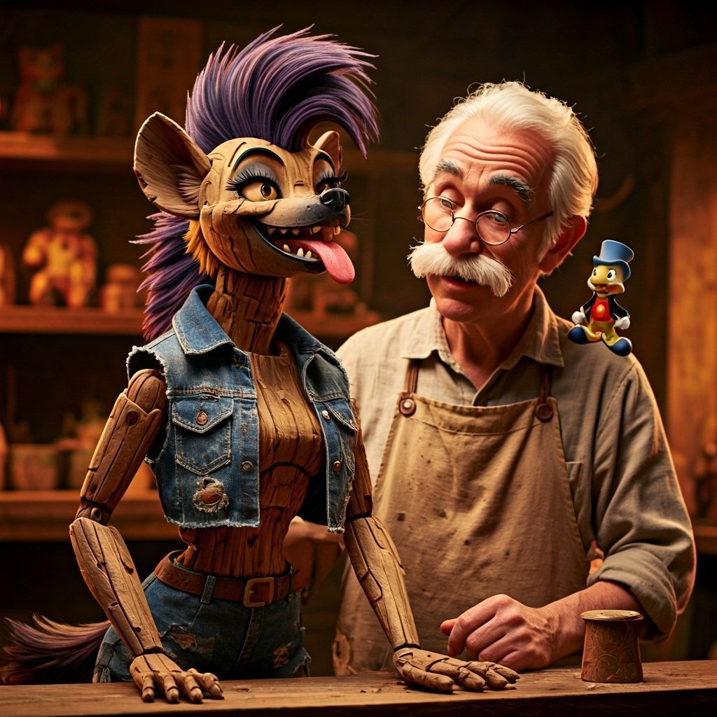 Geppetto and Hyena Puppet in Toyshop, Photorealistic