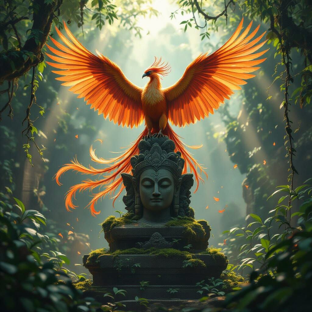 Majestic Phoenix On Ancient Statue In Jungle Temple