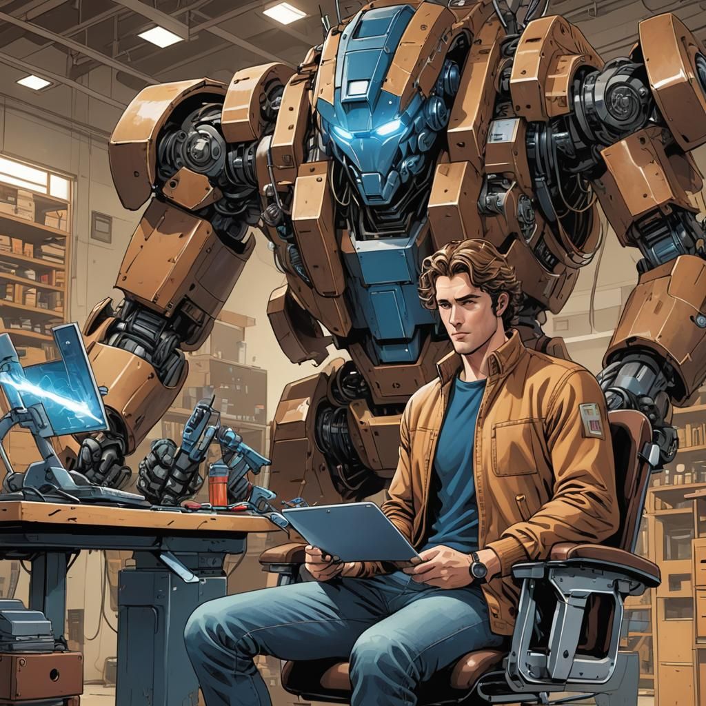 Man with Robot in Lab, Comic Book Art