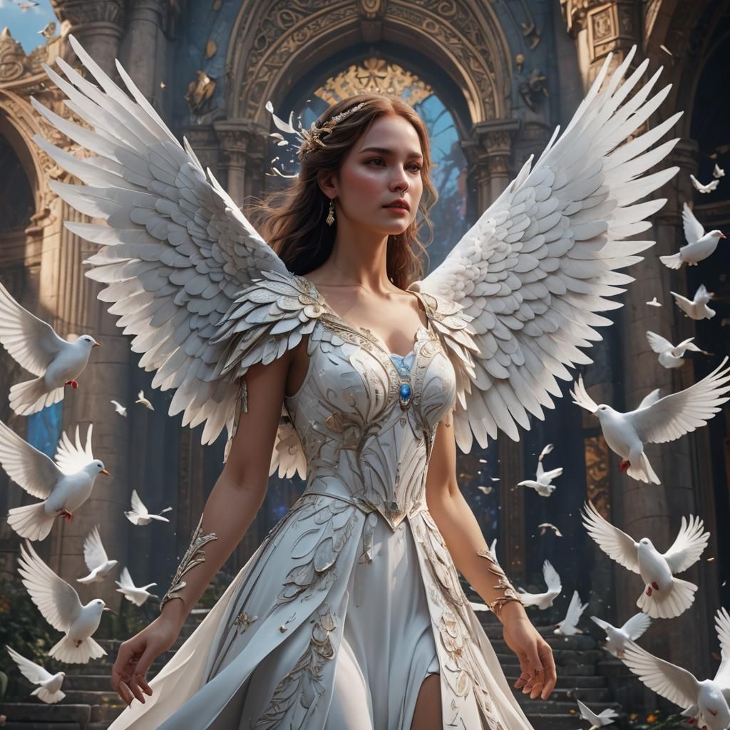 Woman with Dove Wings: Detailed Matte Painting