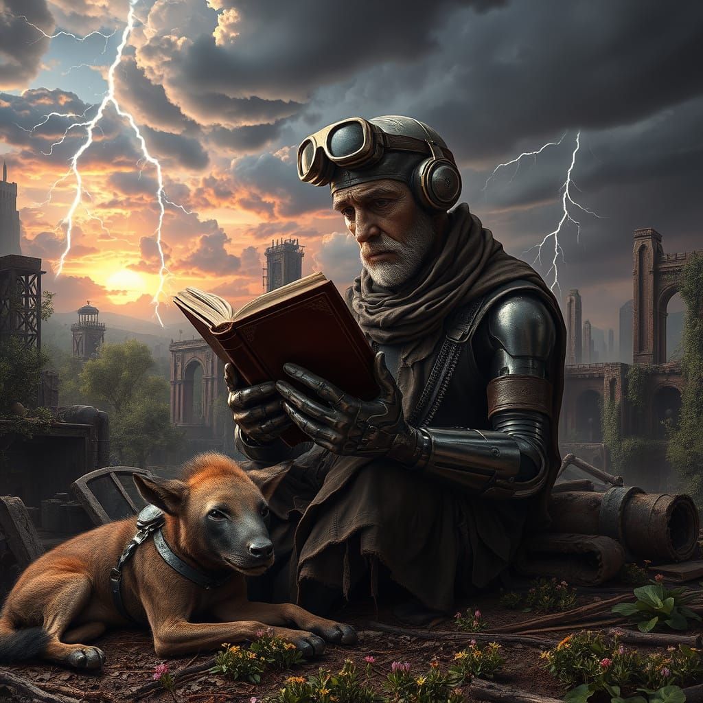 Android Vagabond Reads Amidst Post-Apocalyptic Ruins in a Dy...