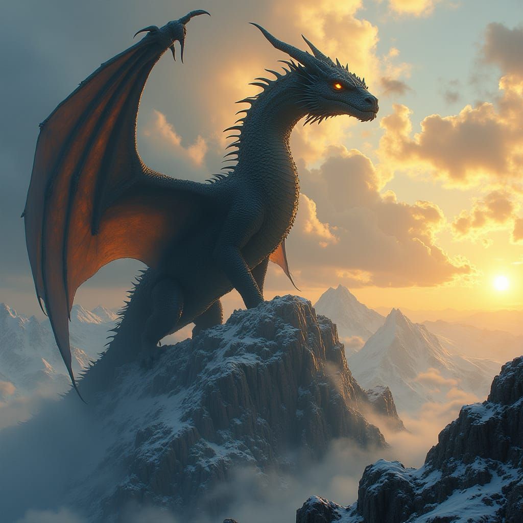 Ancient Dragon on Snowy Peak in Epic Fantasy Style