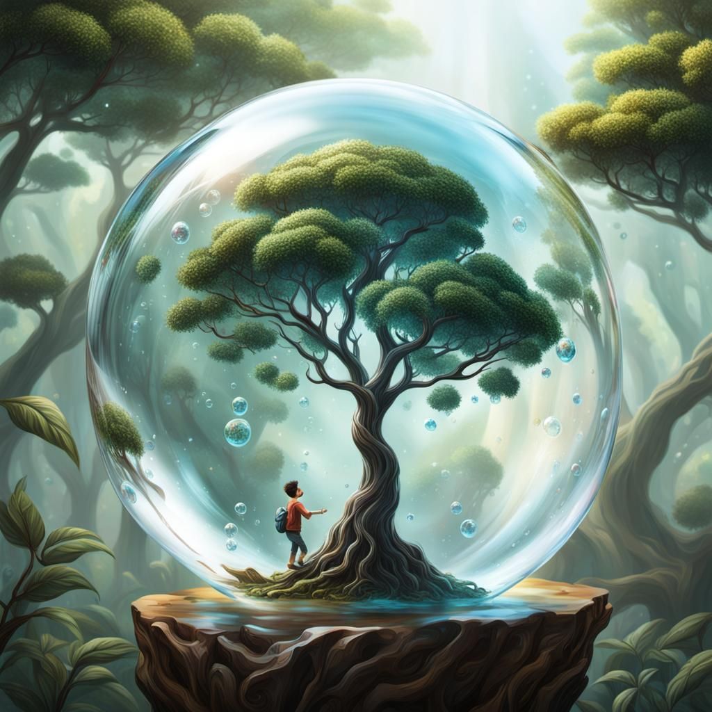 Boy Climbs Tree in Glass Bubble: Hyperrealistic Art
