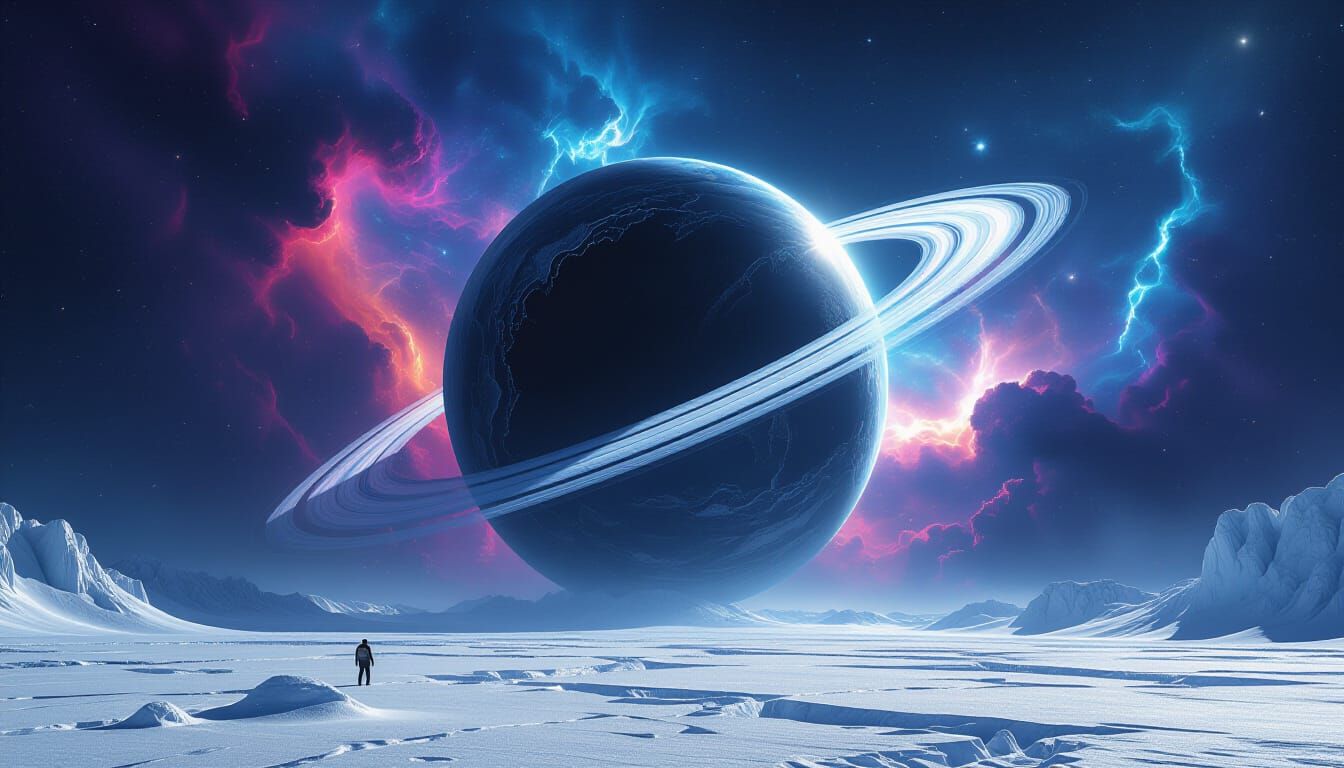 Obsidian Ice Planet with Cryo-Volcanoes and Cosmic Nebula