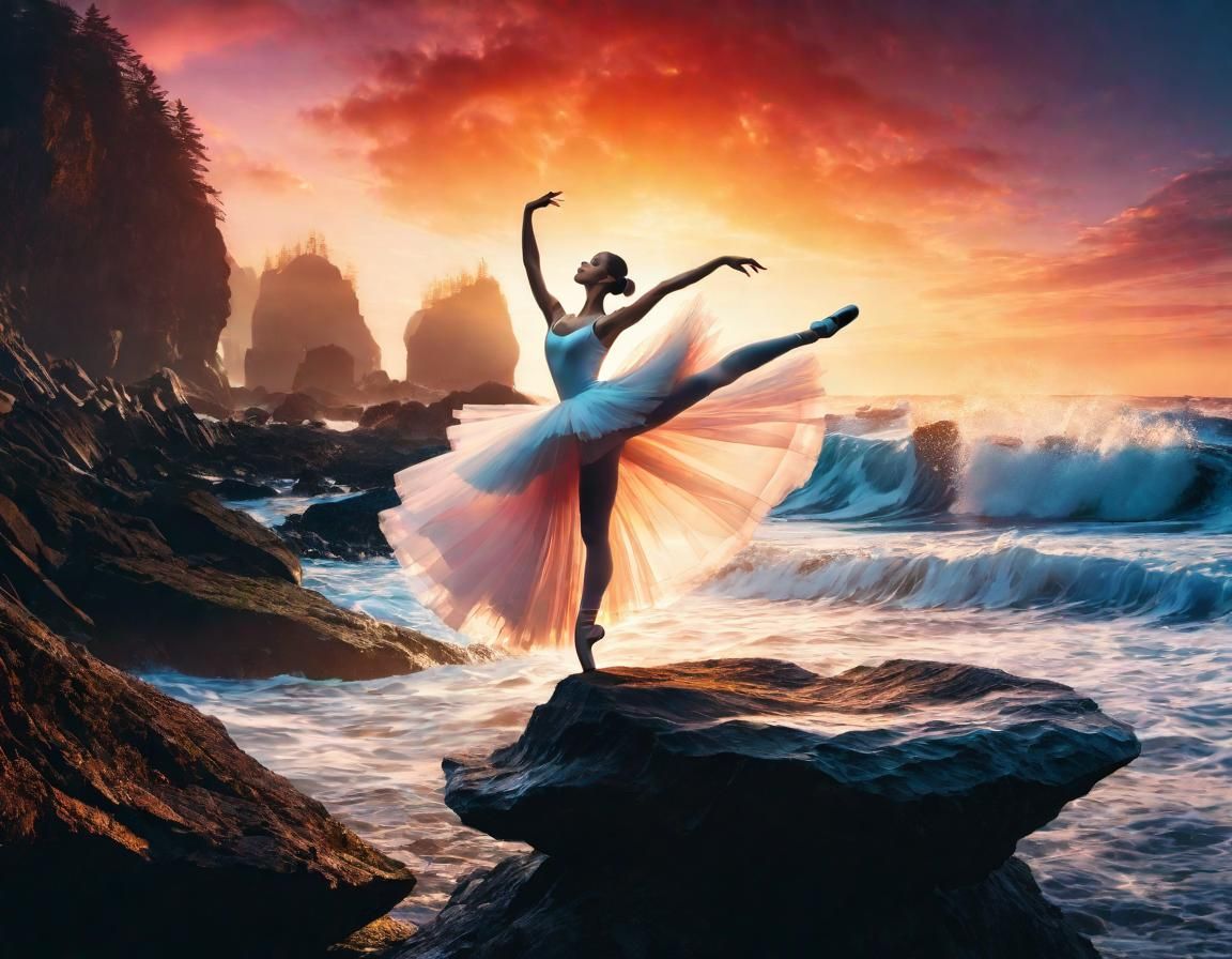 Ballerina Dances with Ocean Waves in Double Exposure
