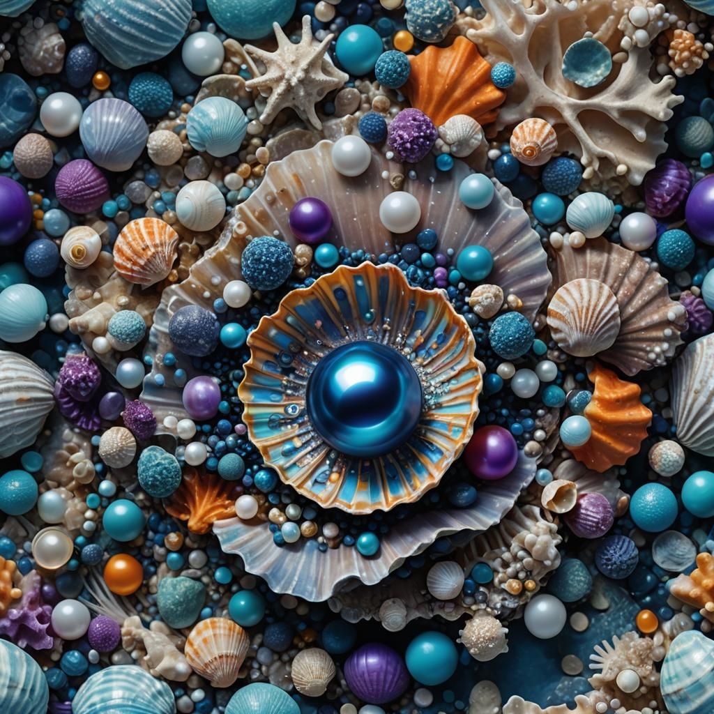 Blue Pearl in Seashell on Reef, Digital Art