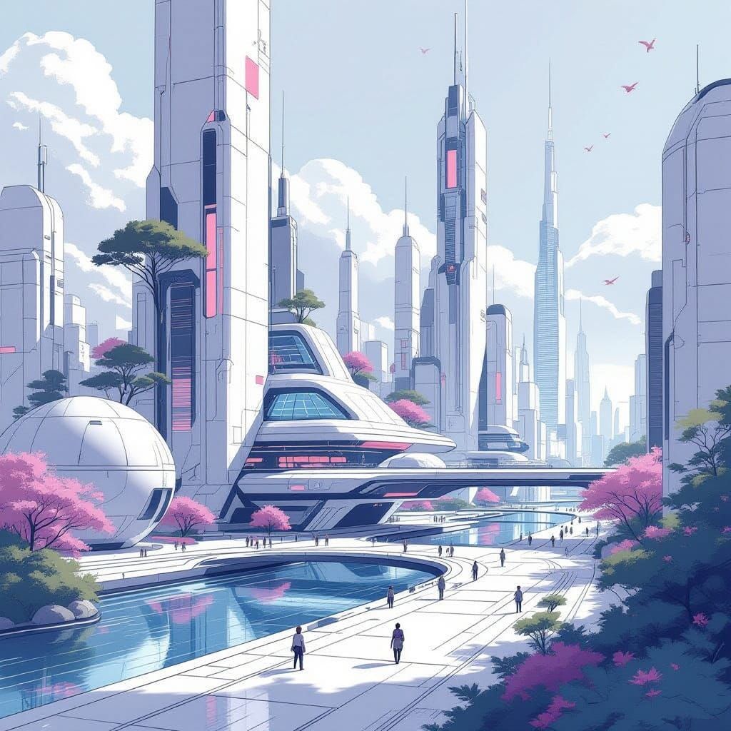 Futuristic City Architectural Sketch in Monochrome with Colo...