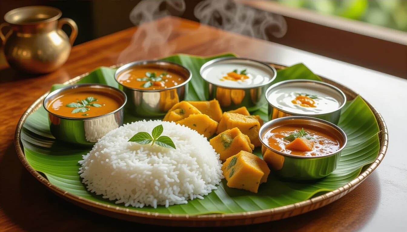 Vibrant South Indian Thali with Rice and Curries