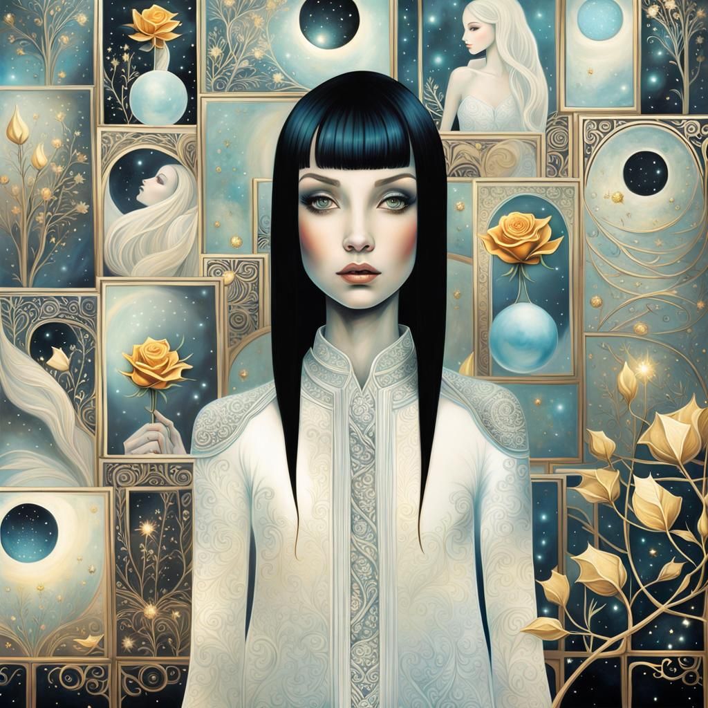 Girl with Golden Rose in Moonlit Garden