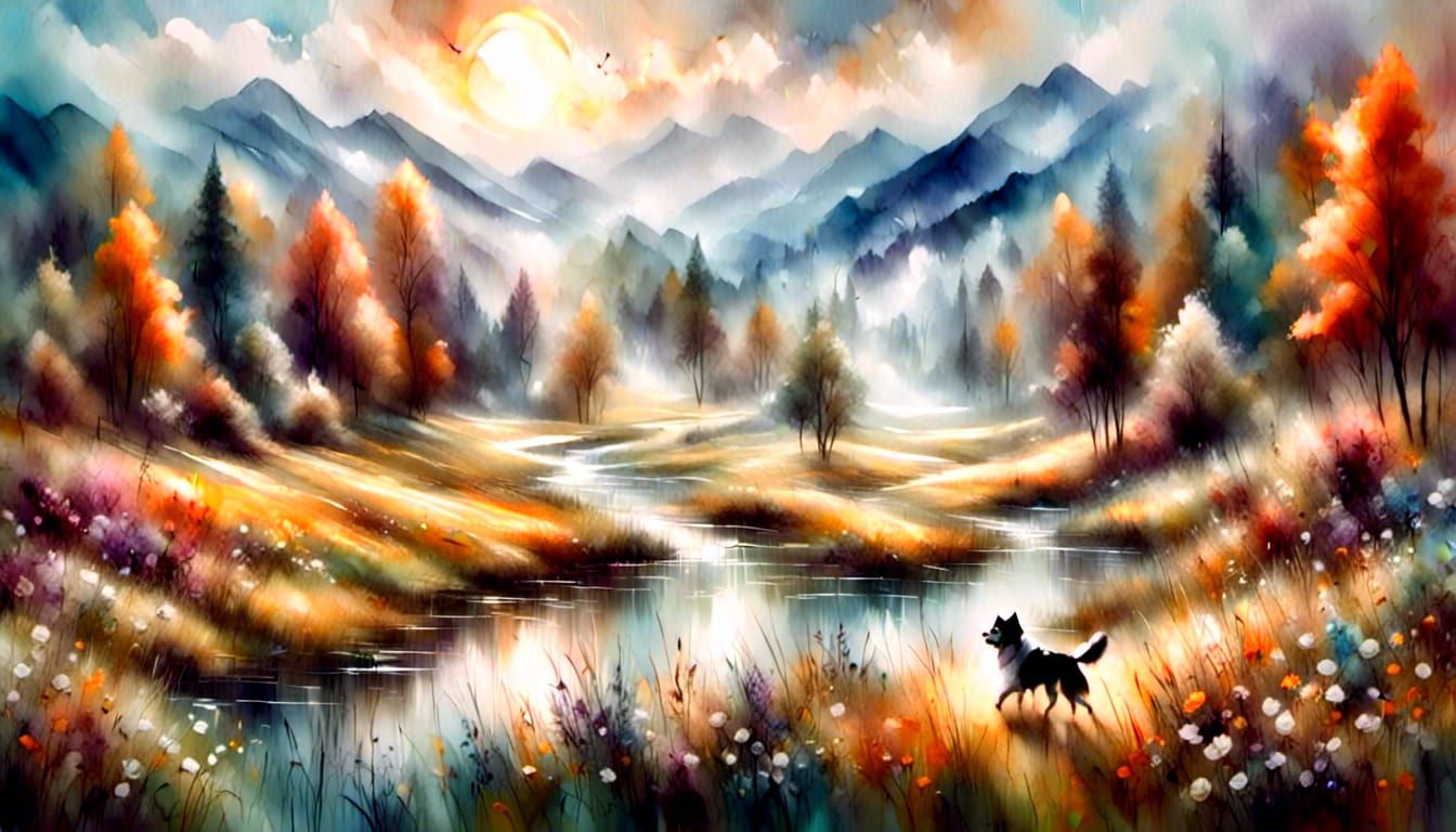 Dogs Playing in Sun-Kissed Meadow: Ethereal Landscape