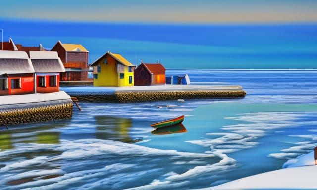 Winter Fishing Village in Hyperrealistic Style