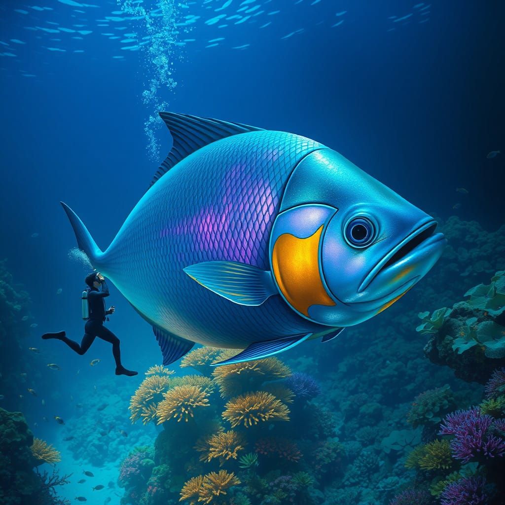 Diver Examines a Majestic, Colorful Fish in the Deep Sea