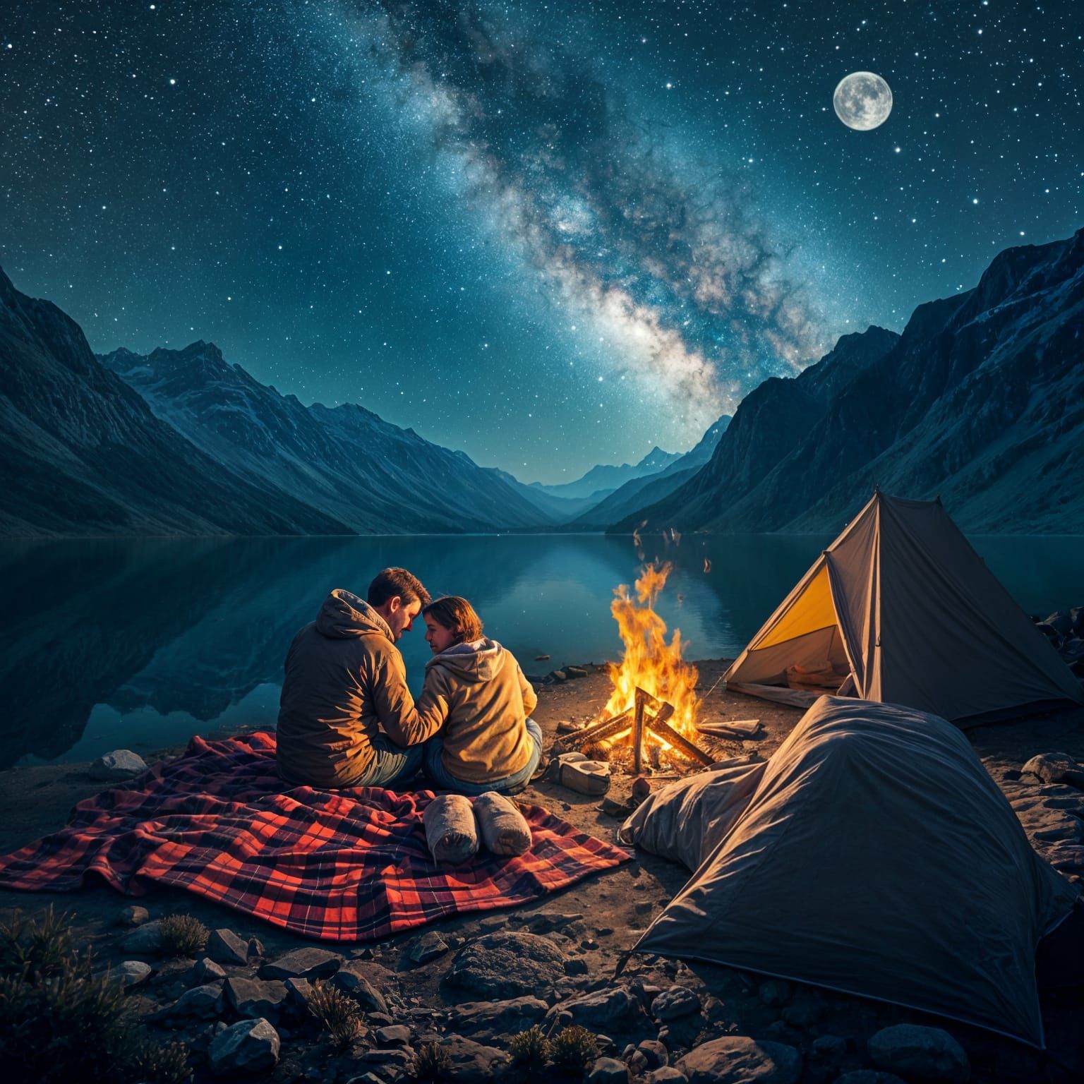 Majestic Mountains Reflect on Lake with Campfire