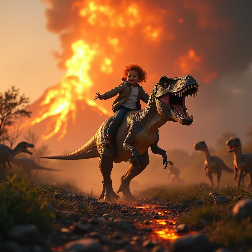 Boy Rides T-Rex Escaping Supervolcano Eruption