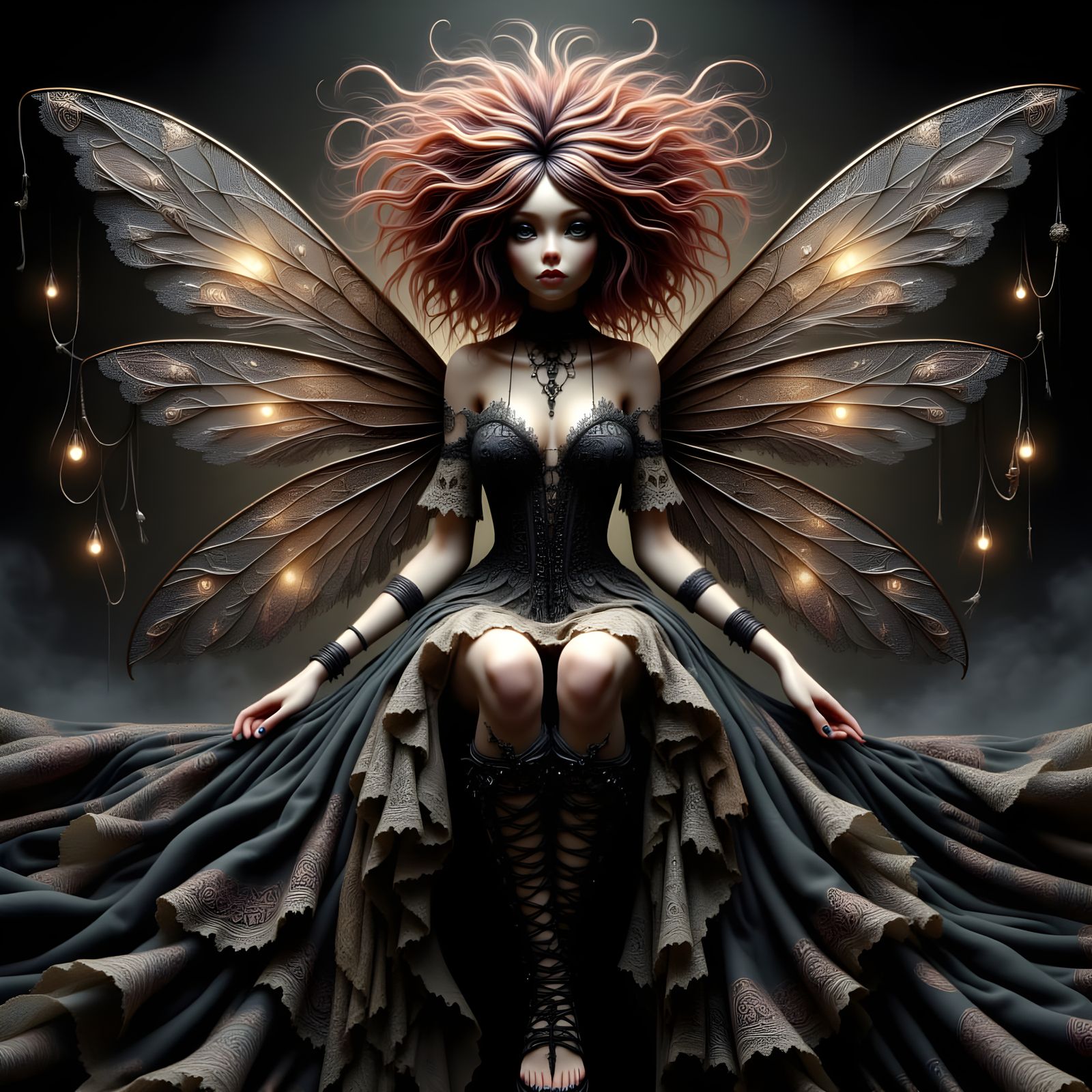 "filigree Enchantment with Gilded glass wings frozen in time...