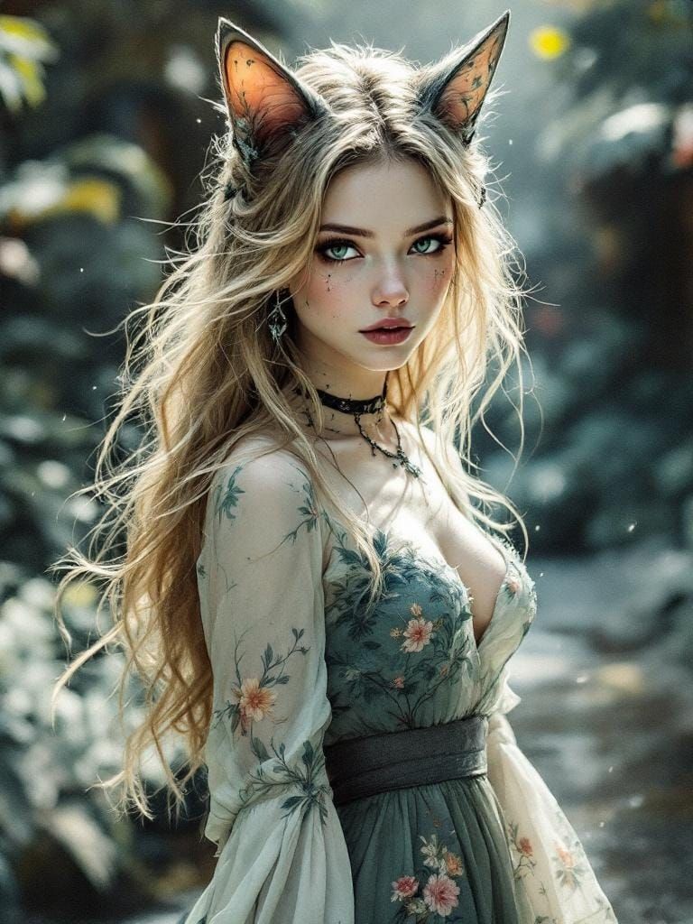 Cat-Eared Woman in Watercolor Surrealism