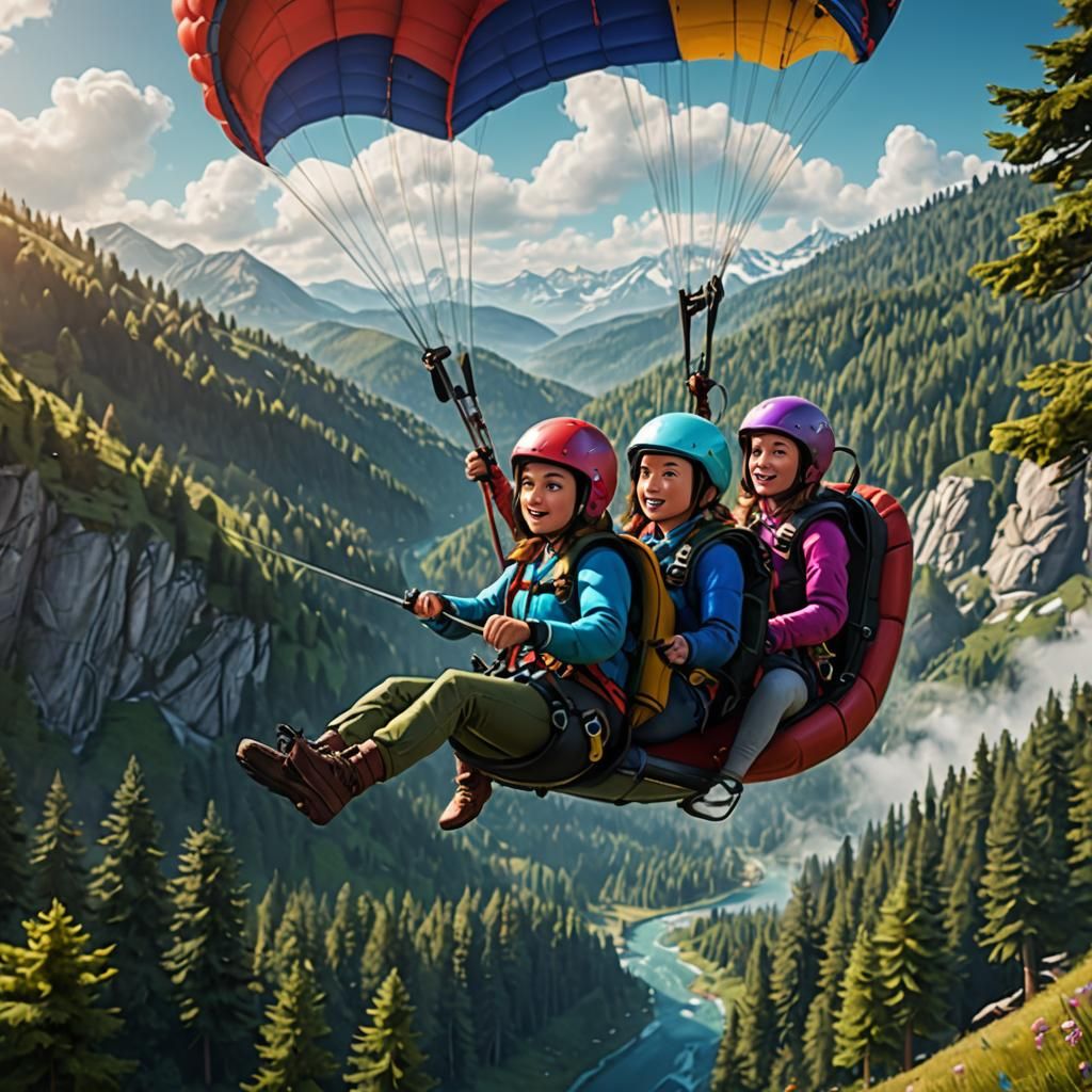Girls Paragliding to Forest: Fantasy Concept Art