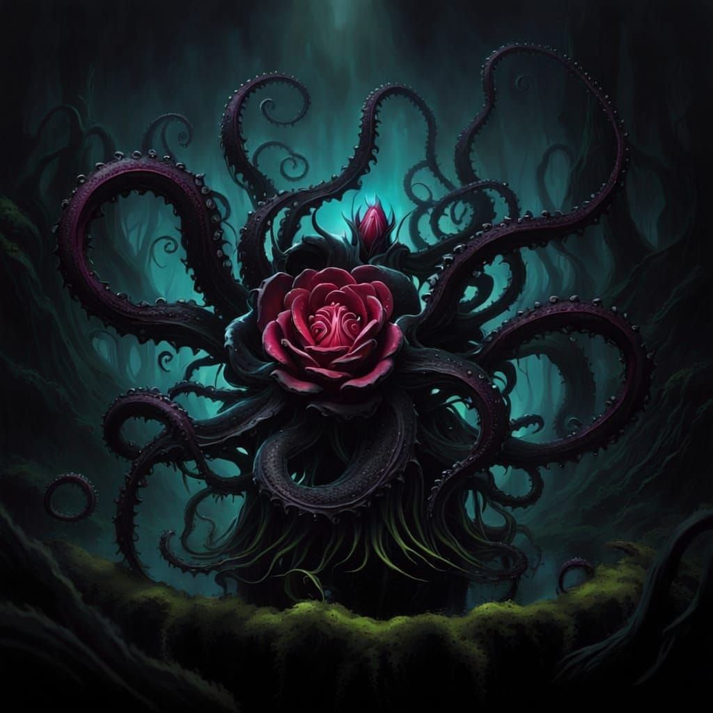 Cthulhu Rose Bush with Tentacles in Dark Fantasy Swamp
