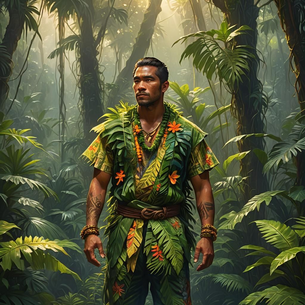 Hawaiian Kahuna in Jungle, Vibrant Oil Painting