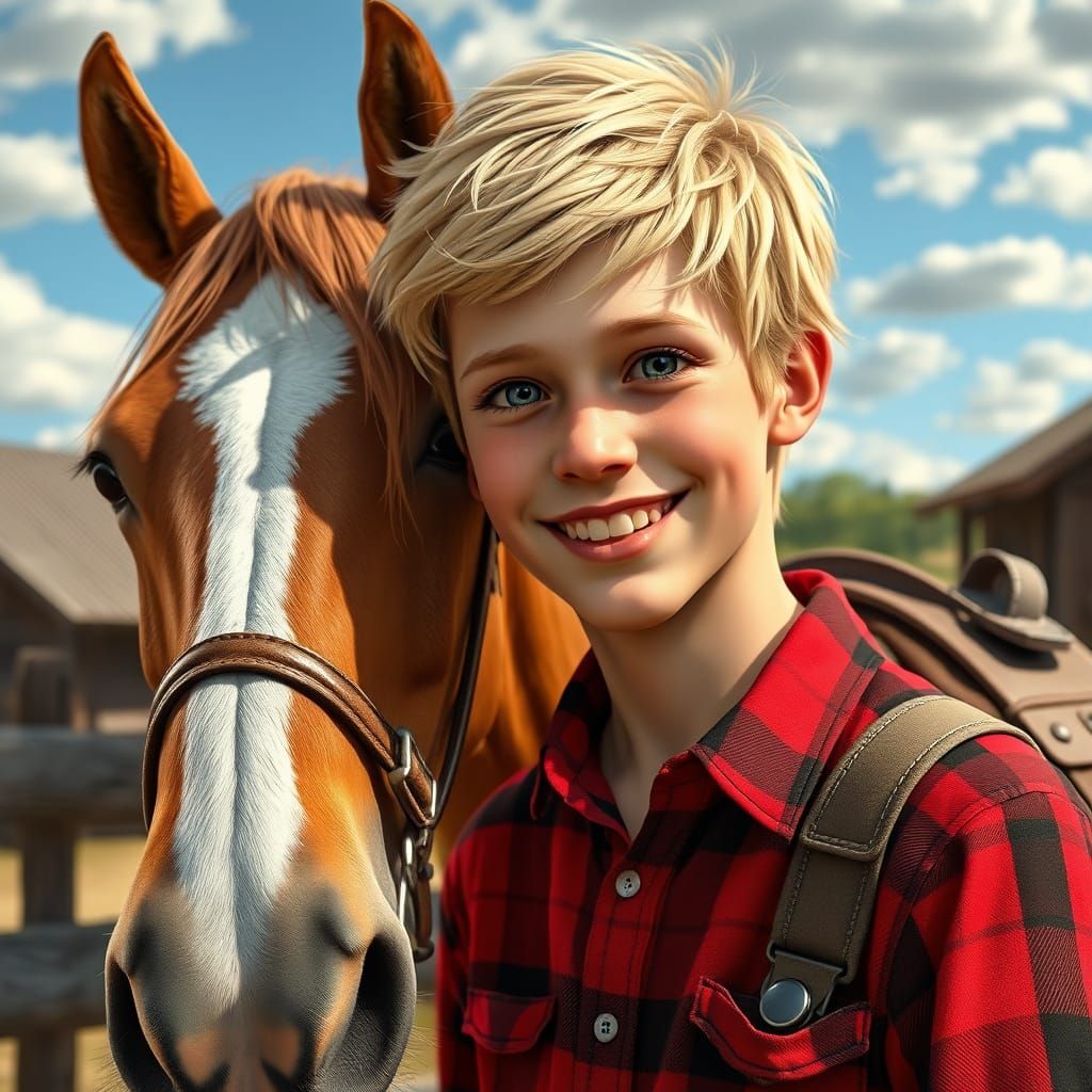 Boy Greets Horse at Ranch in Fantasy Realism Style