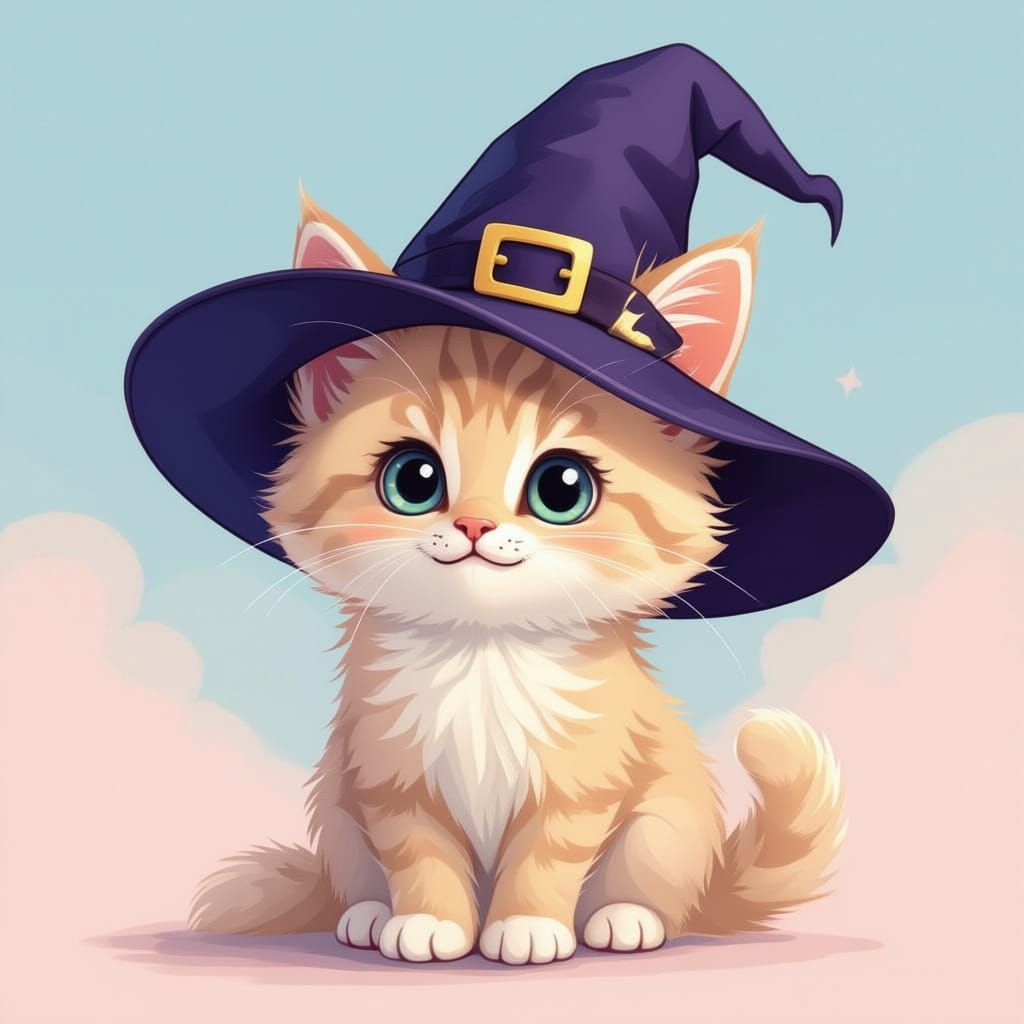 Cute Cat Wearing a Witch Hat Drawing