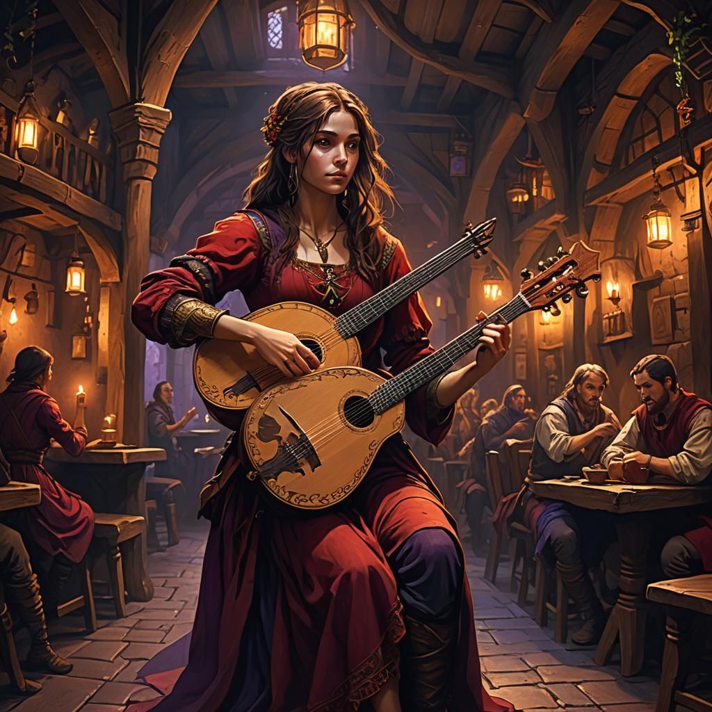 Medieval Bard Plays Lute in Dark Fantasy Tavern
