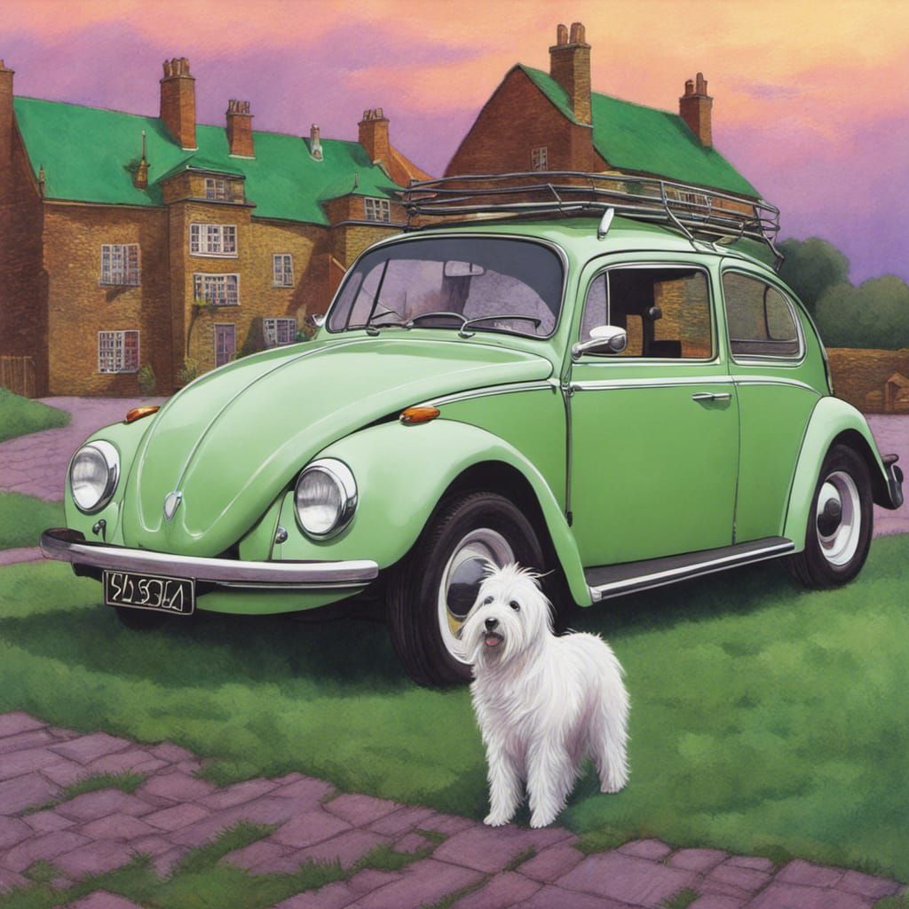 Green Volkswagen Beetle violet sky shaggy white sheepdog driving Canaletto Amanda Sage