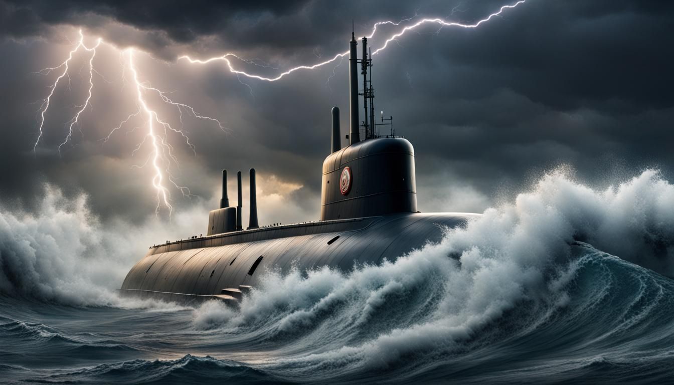 Submarine Navigates Stormy Seas Under Lightning