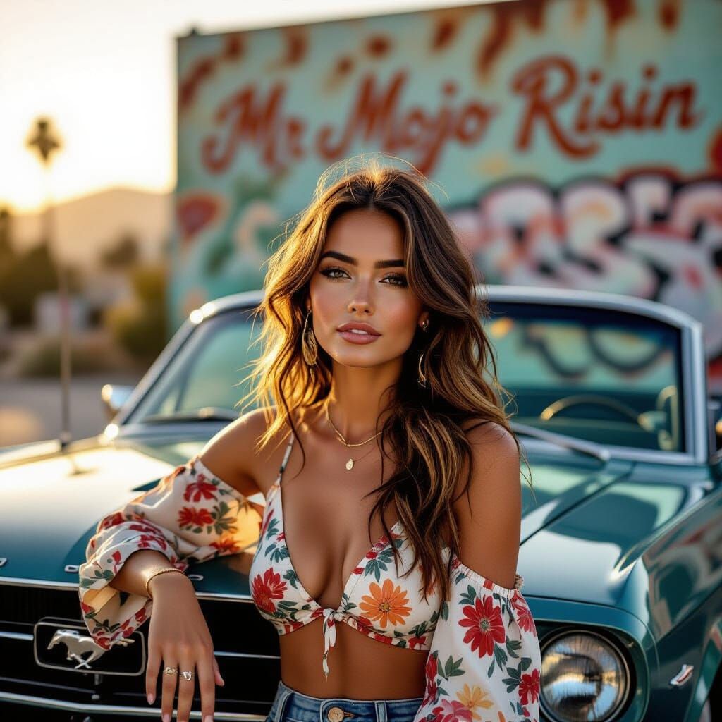 LA Sunset Portrait of Stylish Woman in Vintage Car