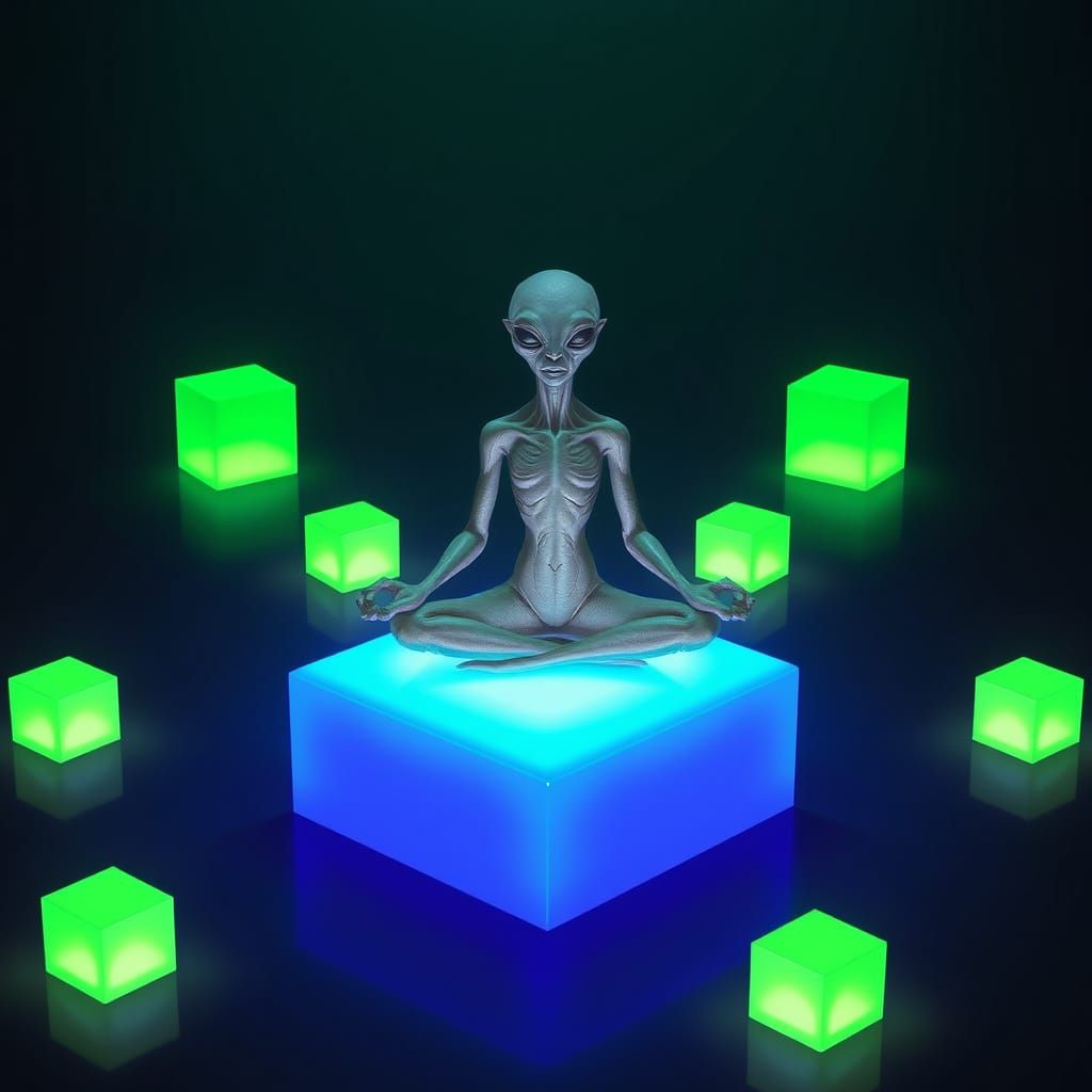 Alien Meditates Amidst Glowing Green Cubes in a Mystical Sce...
