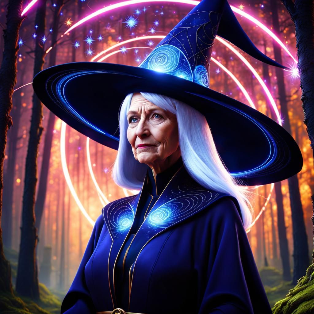 Futuristic Old Woman Wizard with Shooting Stars