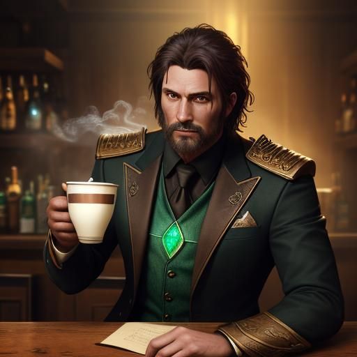 Fantasy Man Sipping Coffee in Emerald and Amber