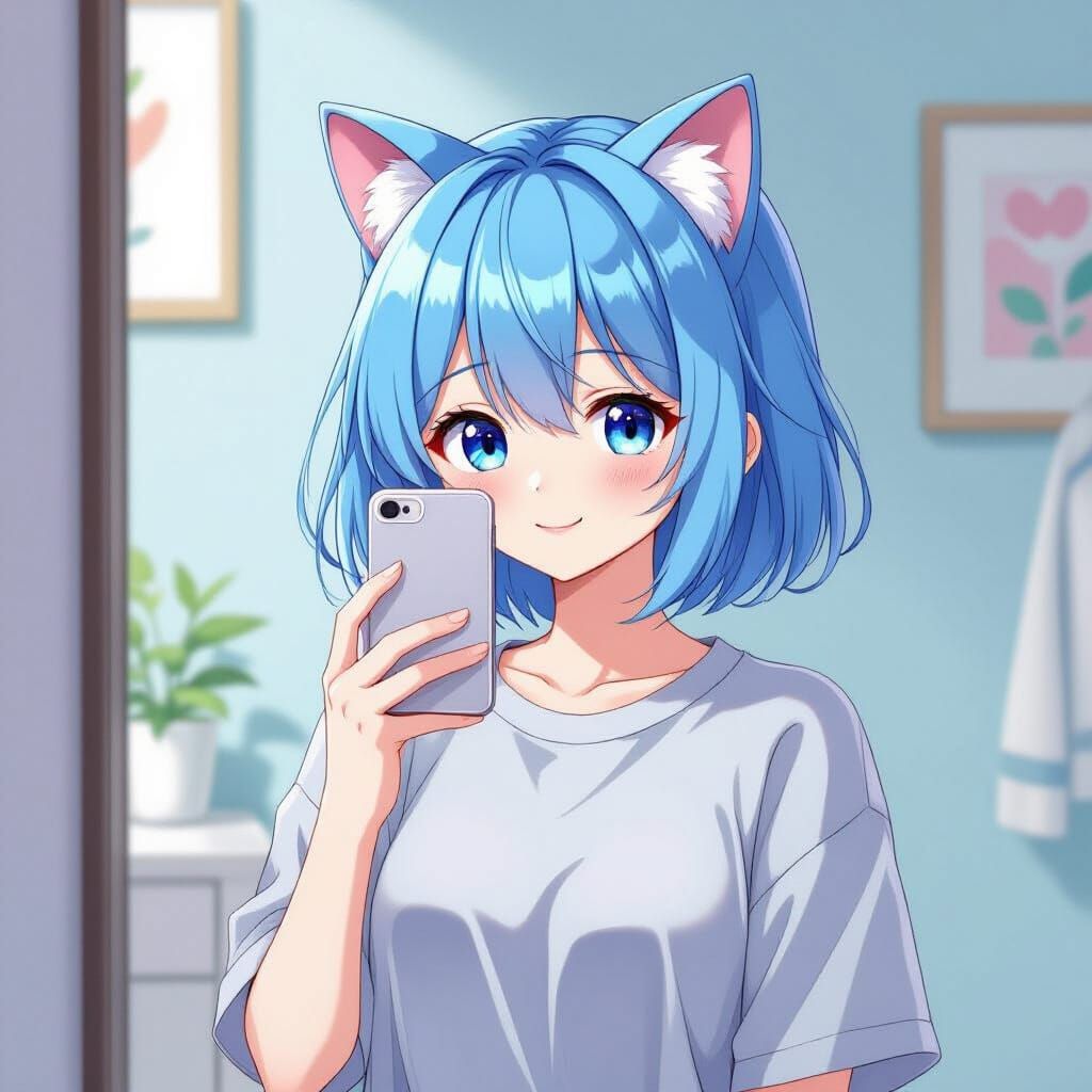 Anime Girl with Cat Ears Taking Selfie
