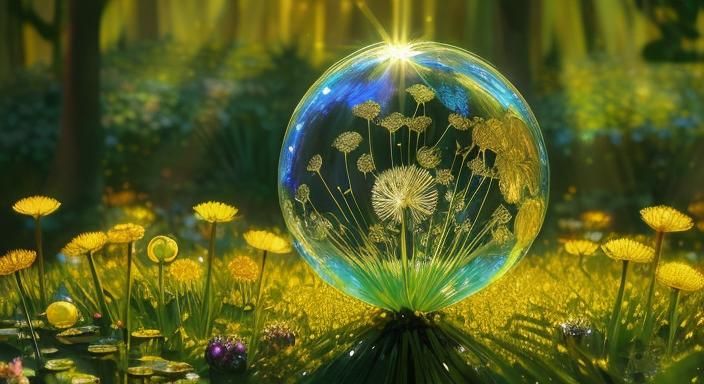 Dandelion in Gold Filigree with Crystal Details