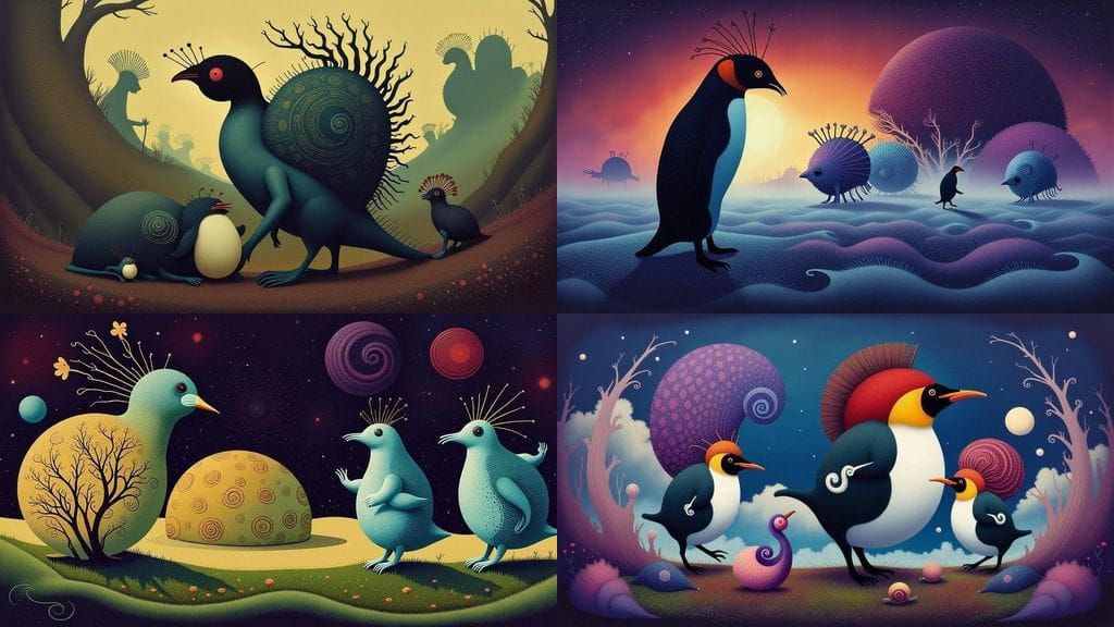 Eldritch Penguin Scene in Space Art Style